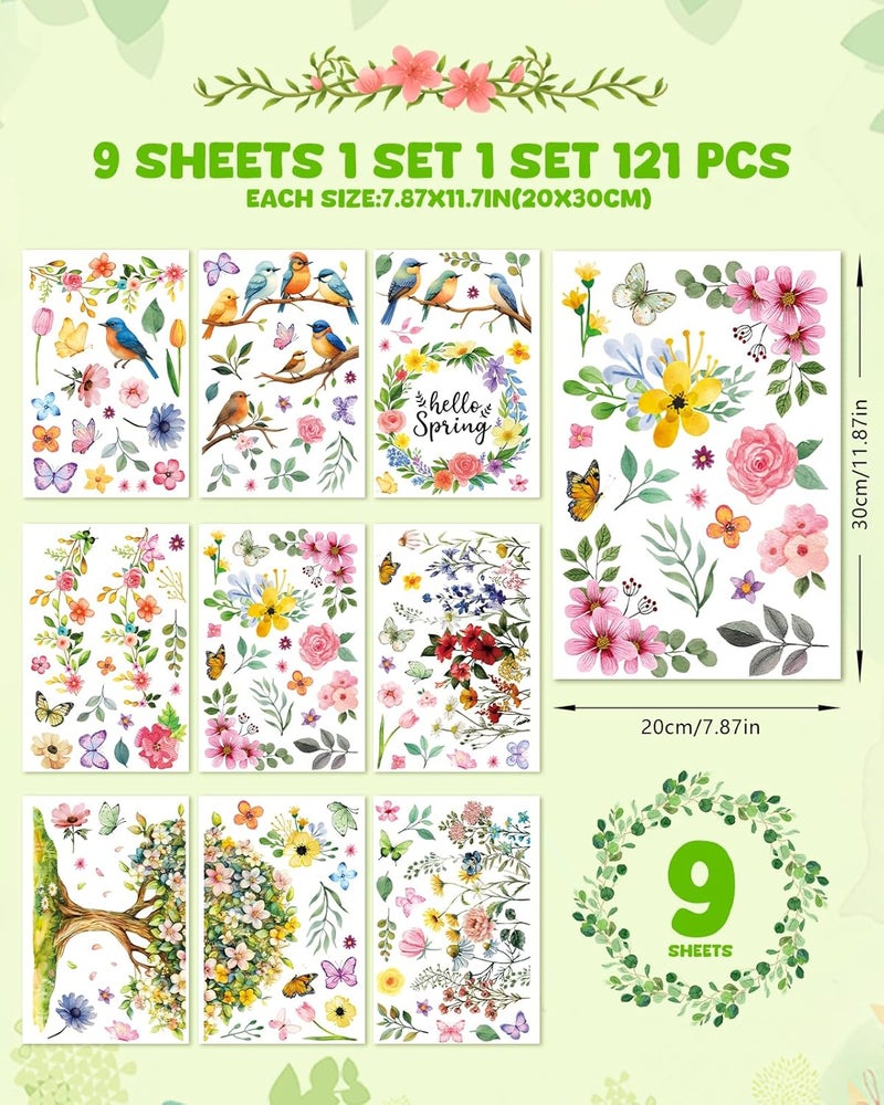 JMHACHY Spring Window Clings - 9 Sheets 121Pcs Reusable Hello Spring Decorations for Glass for Home Office, Birds Flowers Window Stickers for Glass, Double-Sided Large Decals - Image 2